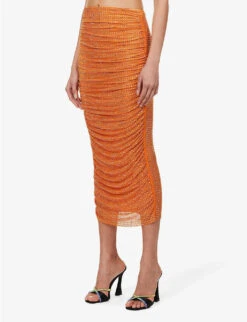 SELF PORTRAIT Crystal-embellished Slim-fit Stretch-woven Midi Skirt -VogueVibe Store R04137723 ORANGE ALT02