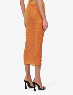 SELF PORTRAIT Crystal-embellished Slim-fit Stretch-woven Midi Skirt -VogueVibe Store R04137723 ORANGE ALT03