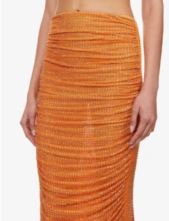 SELF PORTRAIT Crystal-embellished Slim-fit Stretch-woven Midi Skirt -VogueVibe Store R04137723 ORANGE ALT04