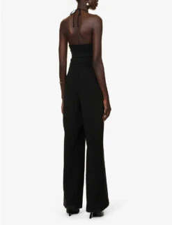 Gala Halterneck Pleated-bodice Crepe Jumpsuit -VogueVibe Store R04140658 BLACK ALT03