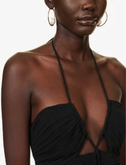 Gala Halterneck Pleated-bodice Crepe Jumpsuit -VogueVibe Store R04140658 BLACK ALT04