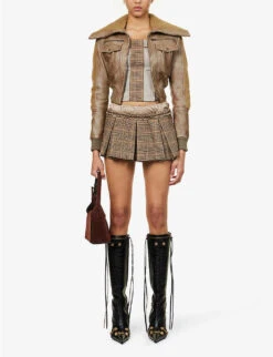 Jaded London Pleated Checked Low-rise Stretch-woven Mini Skirt -VogueVibe Store R04145893 BROWNCHECK ALT01