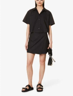 FRAME Wrap-front High-waist Organic-cotton Mini Skirt -VogueVibe Store R04146415 NOIR ALT01