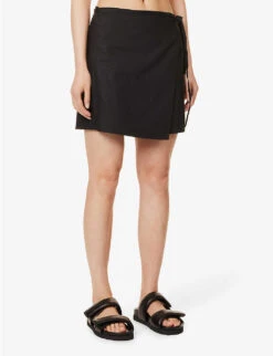 FRAME Wrap-front High-waist Organic-cotton Mini Skirt -VogueVibe Store R04146415 NOIR ALT02