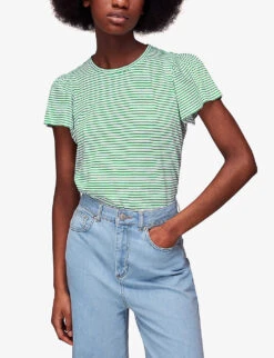 Whistles Frill-sleeved Striped Cotton-jersey T-shirt -VogueVibe Store R04146483 MULTICOLOURED ALT02