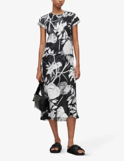 AllSaints Anna Jackie Floral-pattern Organic-cotton T-shirt -VogueVibe Store R04146609 BLACK ALT01