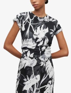 AllSaints Anna Jackie Floral-pattern Organic-cotton T-shirt -VogueVibe Store R04146609 BLACK ALT02