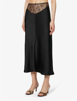 Curzola Lace-panel Satin Midi Skirt -VogueVibe Store R04147073 BLACK ALT02