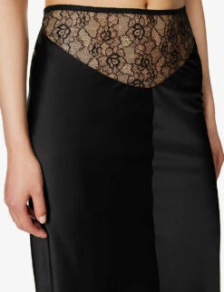 Curzola Lace-panel Satin Midi Skirt -VogueVibe Store R04147073 BLACK ALT04