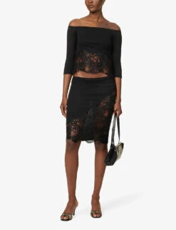 Policandro Lace-trim Woven Midi Skirt -VogueVibe Store R04147079 BLACK ALT01