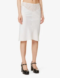Trimiti Lace-trim Satin Midi Skirt -VogueVibe Store R04147086 WHITE ALT02