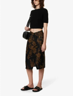 Hazel Floral-print Linen Midi Skirt -VogueVibe Store R04149619 NIGHTGARDEN ALT01