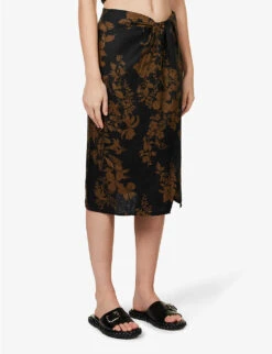 Hazel Floral-print Linen Midi Skirt -VogueVibe Store R04149619 NIGHTGARDEN ALT02