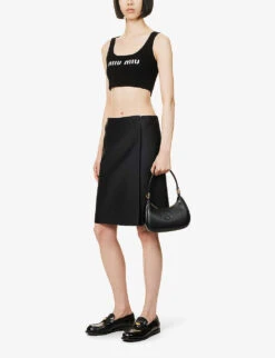 Miu Miu Logo-embroidered Stretch-woven Midi Skirt -VogueVibe Store R04149722 NERO ALT01