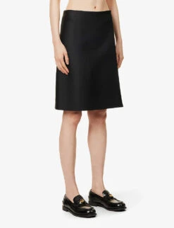 Miu Miu Logo-embroidered Stretch-woven Midi Skirt -VogueVibe Store R04149722 NERO ALT02