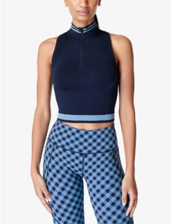 Sweaty Betty Athlete Seamless Half-zip Stretch-jersey Tank Top -VogueVibe Store R04150420 NAVYBLUE ALT02