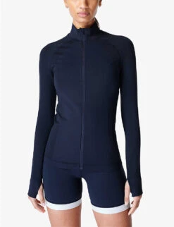 Sweaty Betty Athlete Seamless Zip-up Stretch-woven Top -VogueVibe Store R04150504 NAVYBLUE ALT02