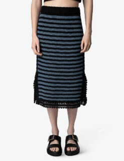 Zadig & Voltaire Jackson Striped Crochet Knitted Knee-length Skirt -VogueVibe Store R04151973 NOIR ALT04