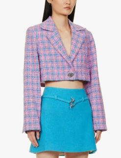 Ganni Check-print Cropped Organic Cotton-blend Jacket -VogueVibe Store R04152908 WILDORCHID ALT02