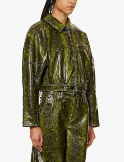 Ganni Snake-print Cropped Faux-leather Jacket -VogueVibe Store R04152926 SPINACHGREEN ALT02