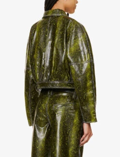 Ganni Snake-print Cropped Faux-leather Jacket -VogueVibe Store R04152926 SPINACHGREEN ALT03