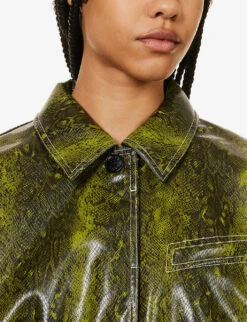 Ganni Snake-print Cropped Faux-leather Jacket -VogueVibe Store R04152926 SPINACHGREEN ALT04
