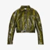 Ganni Snake-print Cropped Faux-leather Jacket -VogueVibe Store R04152926 SPINACHGREEN M