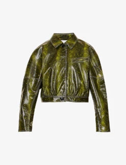 Ganni Snake-print Cropped Faux-leather Jacket
