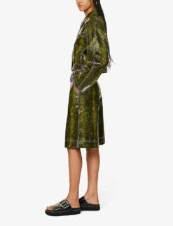 Ganni Snake-print Wide-leg Faux-leather Shorts -VogueVibe Store R04152927 SPINACHGREEN ALT01