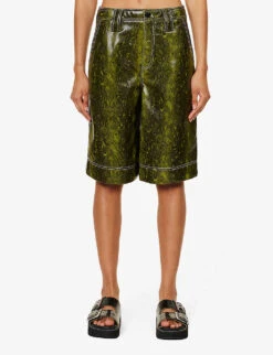 Ganni Snake-print Wide-leg Faux-leather Shorts -VogueVibe Store R04152927 SPINACHGREEN ALT02