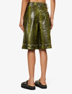 Ganni Snake-print Wide-leg Faux-leather Shorts -VogueVibe Store R04152927 SPINACHGREEN ALT03