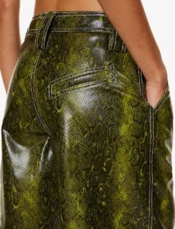 Ganni Snake-print Wide-leg Faux-leather Shorts -VogueVibe Store R04152927 SPINACHGREEN ALT04