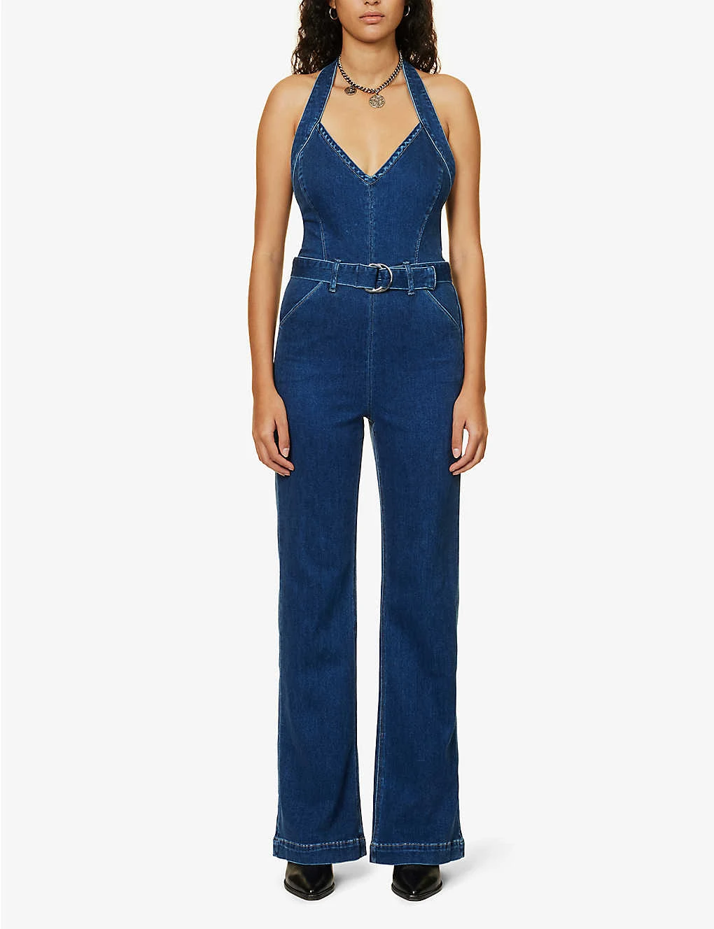 Paige Leenah Halterneck Flared-leg Stretch-denim Jumpsuit 5 Paige Leenah Halterneck Flared-leg Stretch-denim Jumpsuit - Image 3