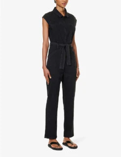 Paige Jett Cap-sleeved Stretch-denim Jumpsuit -VogueVibe Store R04153212 BLACKDOVE ALT02