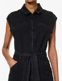 Paige Jett Cap-sleeved Stretch-denim Jumpsuit -VogueVibe Store R04153212 BLACKDOVE ALT05