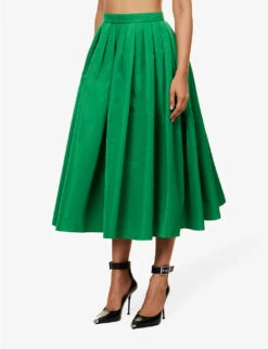 Alexander McQueen Pleated Flared-hem Woven Midi Skirt -VogueVibe Store R04153247 BRIGHTGREEN ALT02