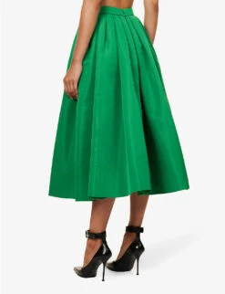 Alexander McQueen Pleated Flared-hem Woven Midi Skirt -VogueVibe Store R04153247 BRIGHTGREEN ALT03