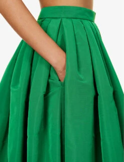 Alexander McQueen Pleated Flared-hem Woven Midi Skirt -VogueVibe Store R04153247 BRIGHTGREEN ALT04