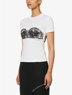 Alexander McQueen Biker Bra Graphic-print Cotton T-shirt -VogueVibe Store R04153279 WHITE ALT02