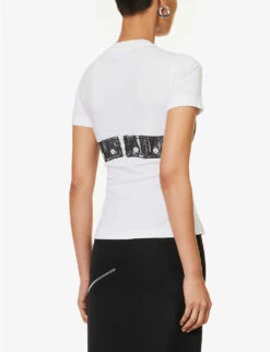Alexander McQueen Biker Bra Graphic-print Cotton T-shirt -VogueVibe Store R04153279 WHITE ALT03