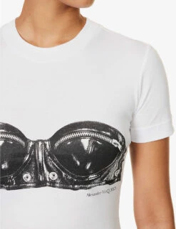 Alexander McQueen Biker Bra Graphic-print Cotton T-shirt -VogueVibe Store R04153279 WHITE ALT04