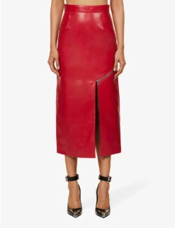 Alexander McQueen Split-hem Zip-embellished Leather Midi Skirt -VogueVibe Store R04153282 WELSHRED ALT02