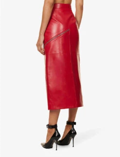Alexander McQueen Split-hem Zip-embellished Leather Midi Skirt -VogueVibe Store R04153282 WELSHRED ALT03