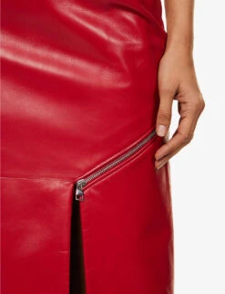 Alexander McQueen Split-hem Zip-embellished Leather Midi Skirt -VogueVibe Store R04153282 WELSHRED ALT04