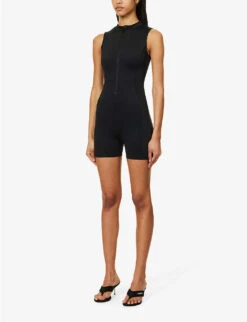 GOOD AMERICAN Scuba Zip-embellished Stretch-woven Playsuit 10 GOOD AMERICAN Scuba Zip-embellished Stretch-woven Playsuit -VogueVibe Store R04154440 BLACK001 ALT02