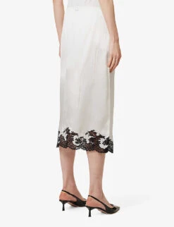 Prada Lace-trim Elasticated-waist Silk Midi Skirt -VogueVibe Store R04154506 AVORIO ALT03