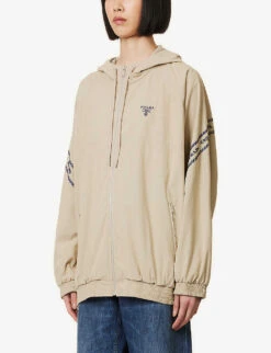 Prada Brand-embroidered Elasticated-hem Cotton-blend Jacket -VogueVibe Store R04154508 KAKI ALT02