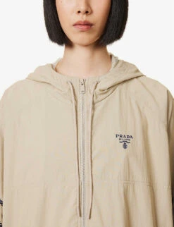 Prada Brand-embroidered Elasticated-hem Cotton-blend Jacket -VogueVibe Store R04154508 KAKI ALT05
