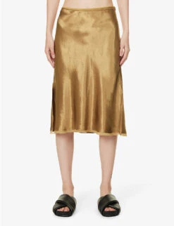 Vince Mid-rise Flared-hem Satin Midi Skirt -VogueVibe Store R04154642 NILE ALT02