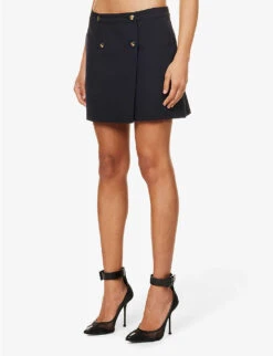 Alexander McQueen Split-hem Wool And Cotton-blend Mini Skirt -VogueVibe Store R04154703 NAVY ALT02